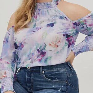 TORRID HIGH NECK COLD SHOULDER BLOUSE GEORGETTE FLORAL PURPLE Plus Size: 1